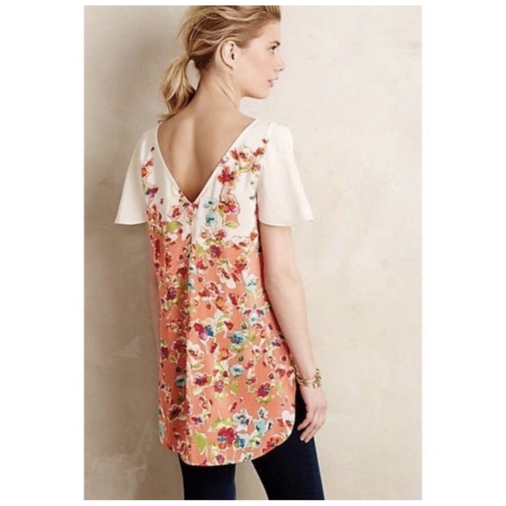 Maeve Silk Floral Blouse Womens Medium Coral Cold Shoulder Flutter Sleeve Tunic